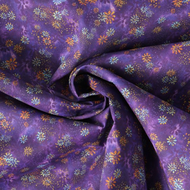 Tissu Coton imprimé  fleuris Azuriia sur fond Violet
