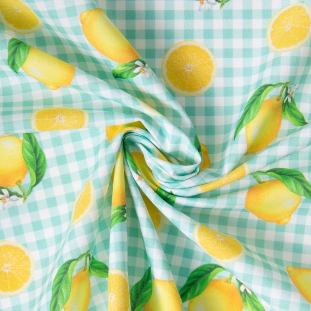 Tissu Coton imprimé Carreaux et citrons jaunes sur fond Blanc