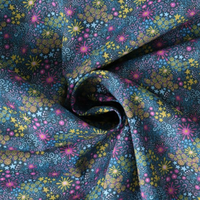 Tissu Coton imprimé  fleuris Dahlya sur fond Bleu nuit
