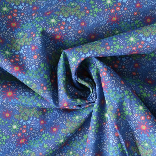 Tissu Coton imprimé  fleuris Florya sur fond Bleu denim