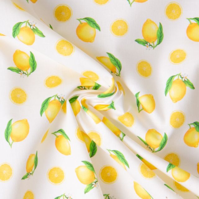 Tissu Coton imprimé Léo Citrons jaunes sur fond Blanc
