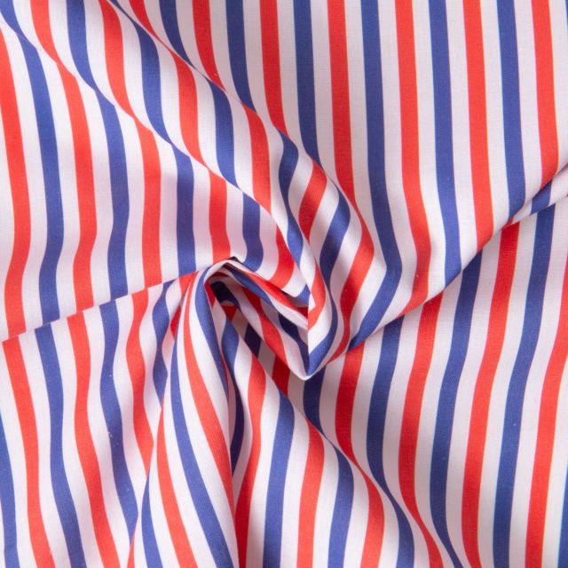 Tissu Coton imprimé Rayé bleu, blanc, rouge sur fond Blanc