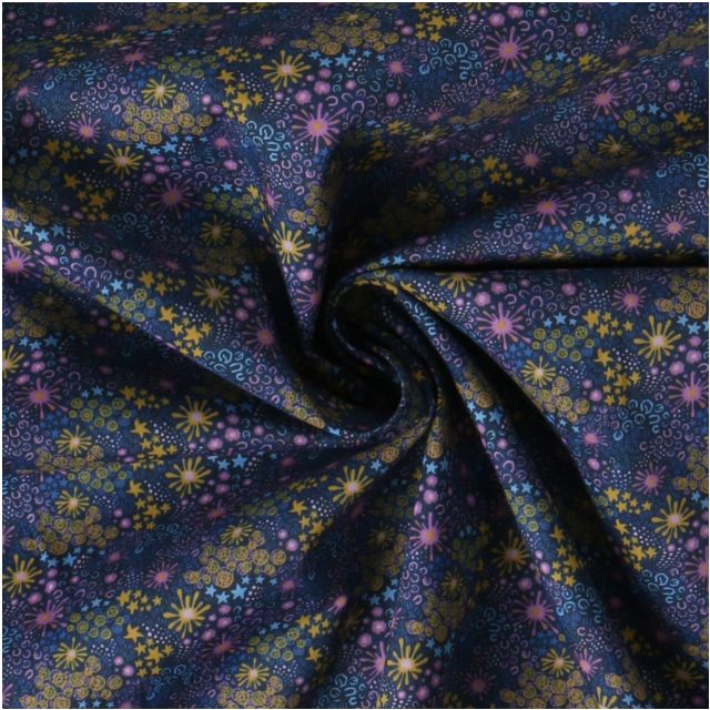 Tissu Coton imprimé  feuris Elynai sur fond Bleu nuit