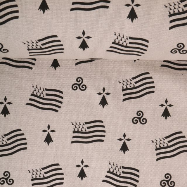 Tissu Toile de Coton aspect lin Symboles Breton sur fond Naturel