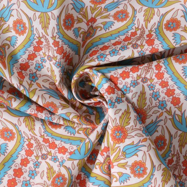 Tissu Coton imprimé indien Sundara sur fond Blanc cassé