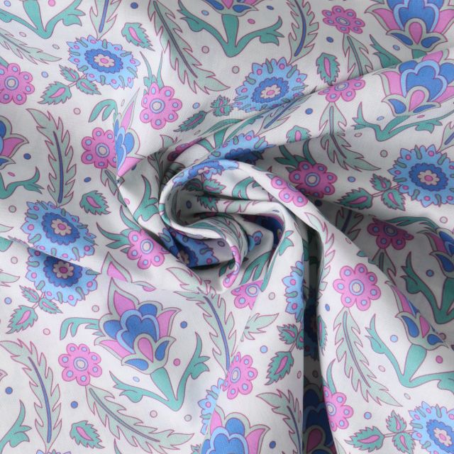 Tissu Coton imprimé indien Asha sur fond Blanc