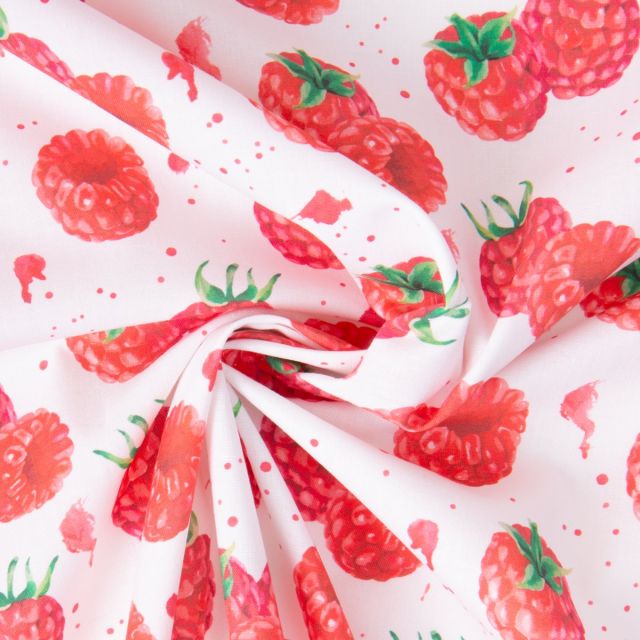 Tissu Coton imprimé Framboises sur fond Blanc