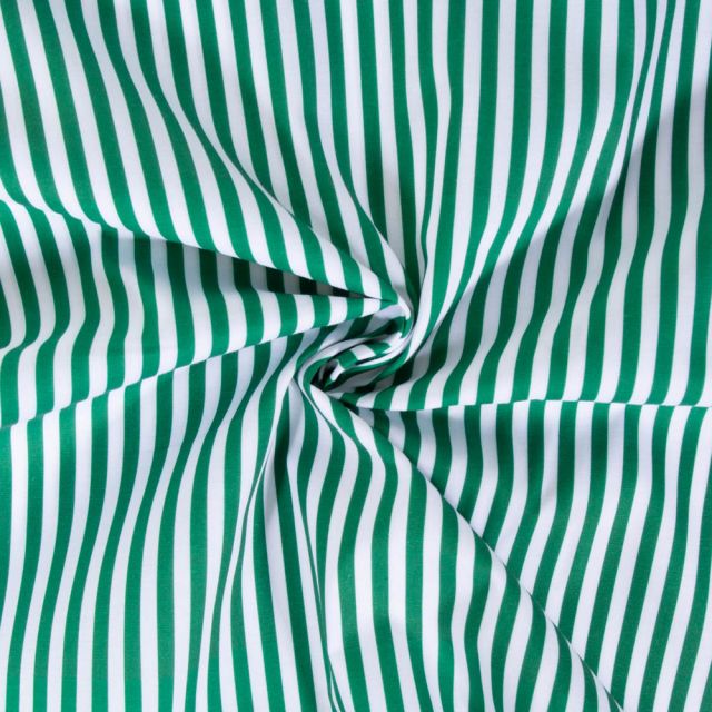 Coupon Tissu Popeline de Coton Rayures vertes 5 mm sur fond Blanc - Coupon de 200 cm