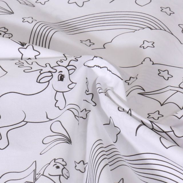 Coupon Tissu Coton à colorier Animaux  et étoiles sur fond Blanc - Coupon de 40 cm