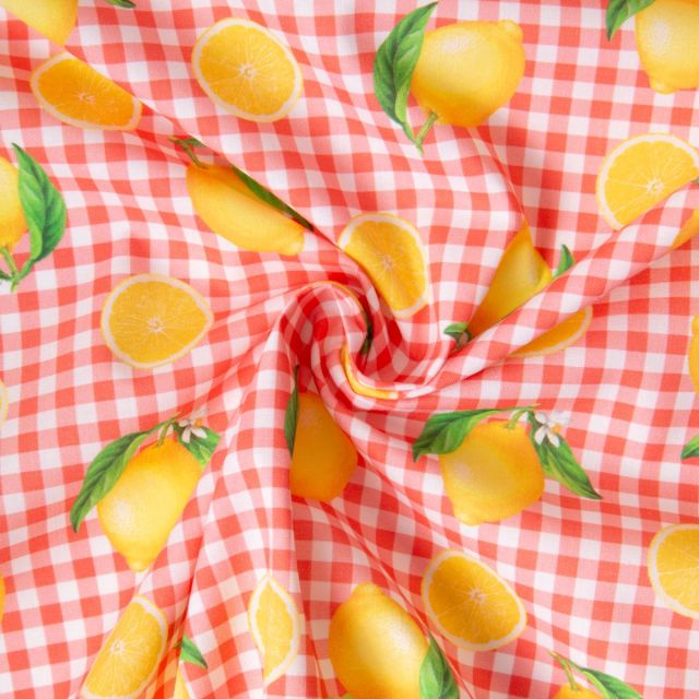 Tissu Coton imprimé Carreaux et citrons, oranges jaunes sur fond Blanc