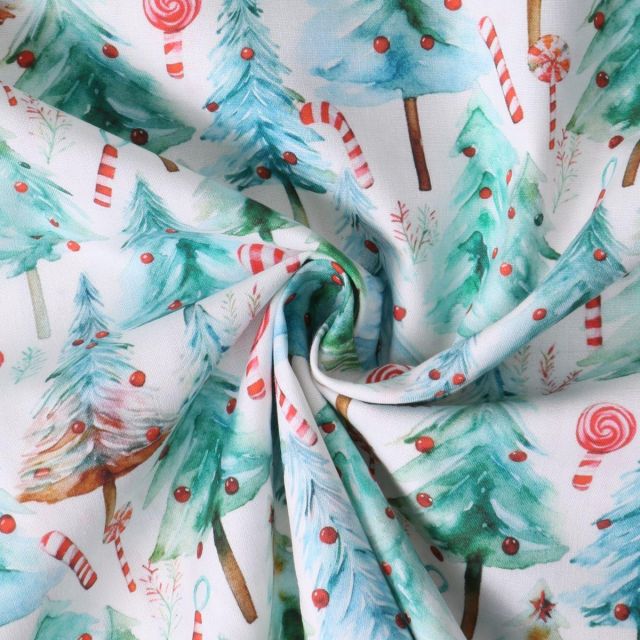 Tissu Coton imprimé  Isalya forêt sucrée Verte sur fond Blanc