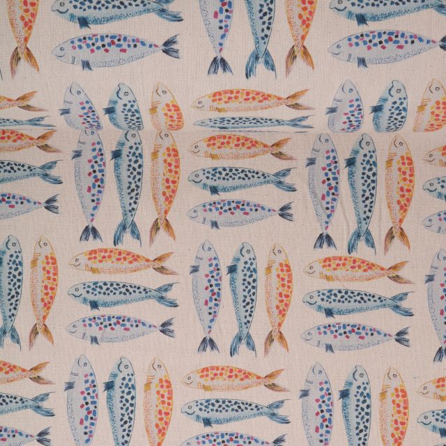 Tissu toile de Coton Poissons Mosaiques sur fond Naturel