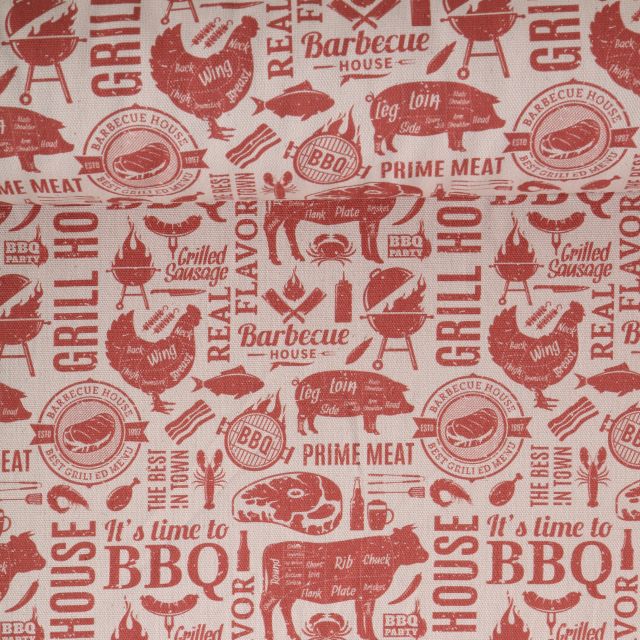 Tissu Toile de Coton aspect lin Barbecue Time sur fond Naturel