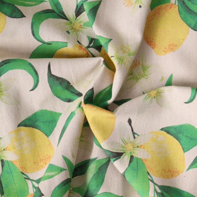 Tissu toile de Coton Citrus flower sur fond Naturel