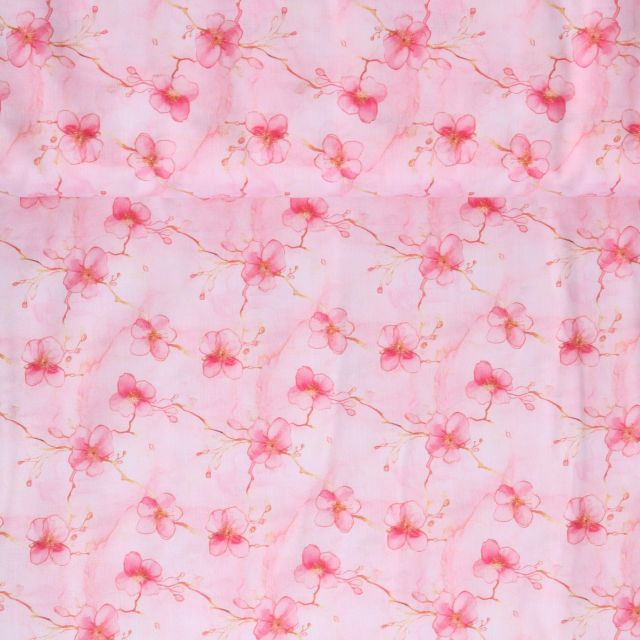 Tissu Coton imprimé  Aquahibis sur fond Rose pâle