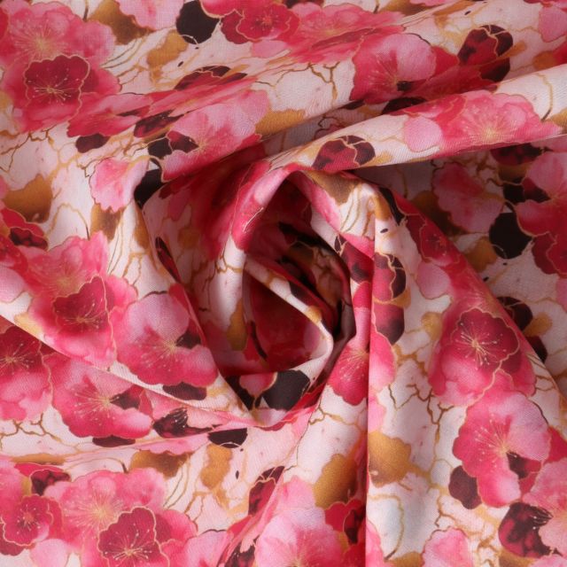 Tissu Coton imprimé  Aqua Améliha sur fond Blanc cassé