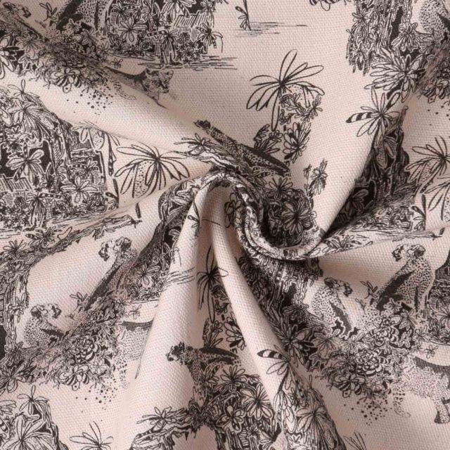 Tissu Toile de Coton aspect lin Jungle black&white sur fond Naturel - Par 10 cm