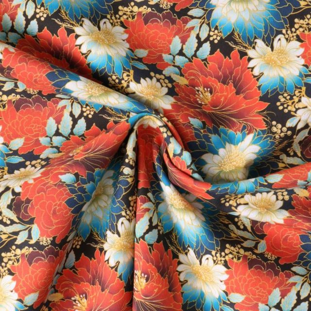 Tissu Coton imprimé  Hanakuro fleurs Rouges sur fond Noir profond