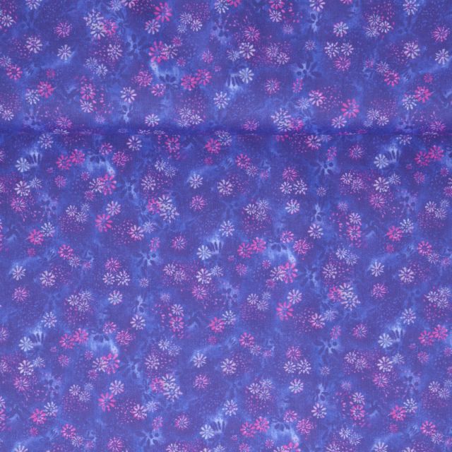 Tissu Coton imprimé  fleurs Liora sur fond Bleu