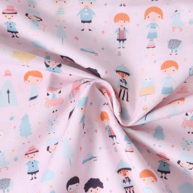 Tissu Coton imprimé  Poupinella sur fond Rose poudré