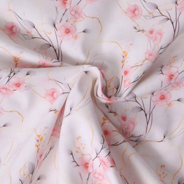 Tissu Coton imprimé  Erine fleurs Rose tendre sur fond Blanc cassé