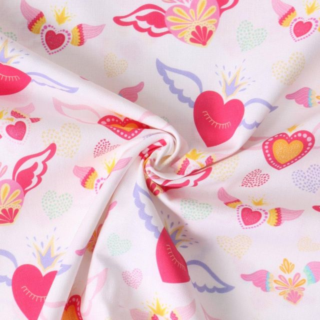 Tissu Coton imprimé  Alya cœurs Fuchsia sur fond Rose clair
