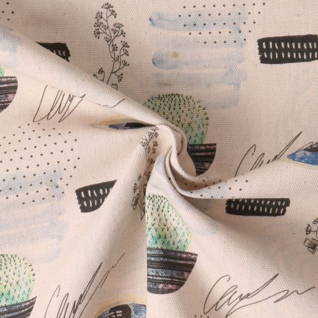 Tissu coton imprimé Tiempo Cactus et oeil sur fond Beige