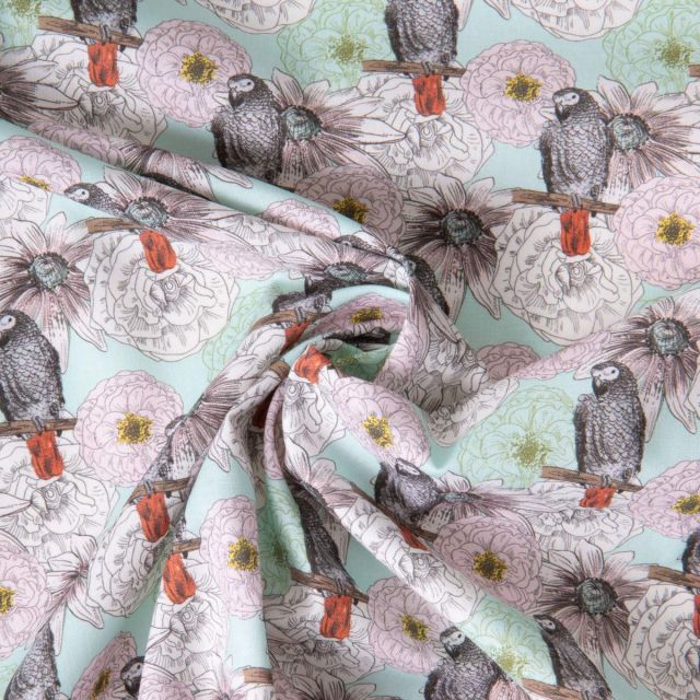 Tissu Coton imprimé Perroquet flower sur fond Vert menthe