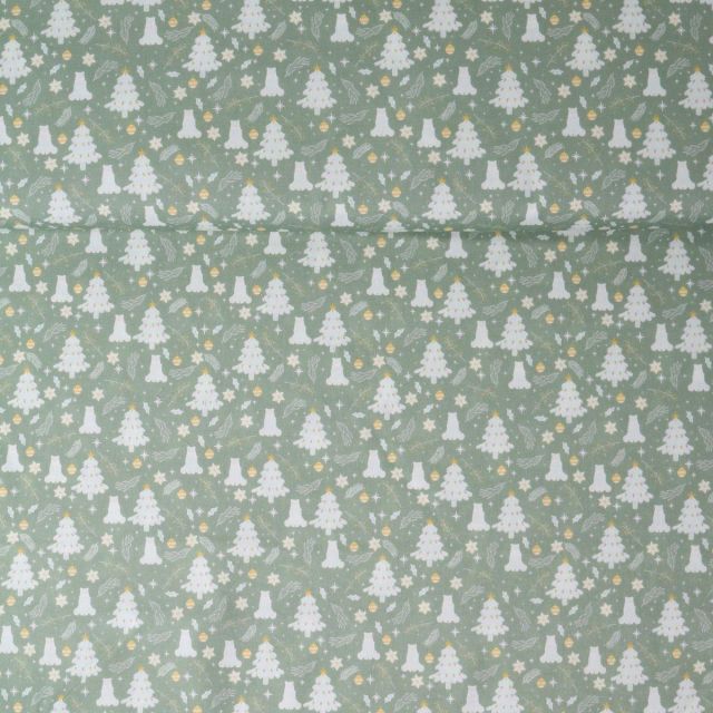 Tissu Coton imprimé Lilwenn forêt enneigée sur fond Vert d'eau