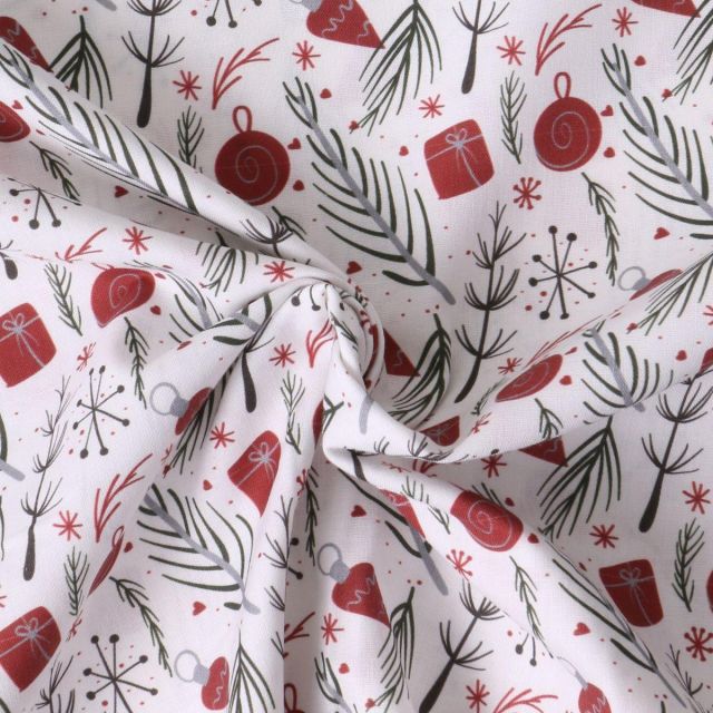 Tissu Coton imprimé Ysaline décorations de Noël Rouges sur fond Blanc