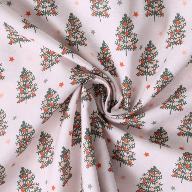 Tissu Coton imprimé Elaya petit sapin sur fond Rose poudré