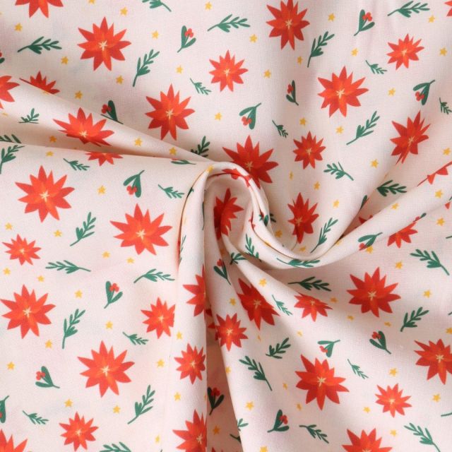 Tissu Coton imprimé Flora fleurs de poinsettia Rouges sur fond Blanc cassé