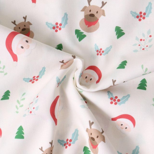 Tissu Coton imprimé  Elyna visages de pères Noël sur fond Blanc