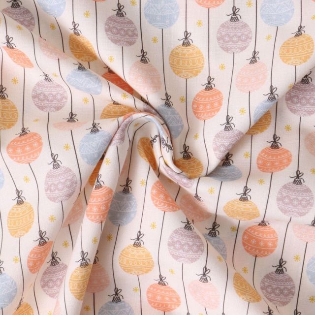 Tissu Coton imprimé  Elyra boules de Noël Pastel sur fond Ecru