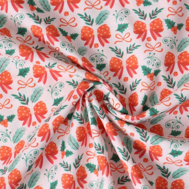 Tissu Coton imprimé Clara ruban de fête Orange sur fond Blanc cassé