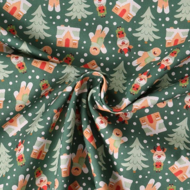 Tissu Coton imprimé  Elwin pain d'épices sur fond Vert épicéa