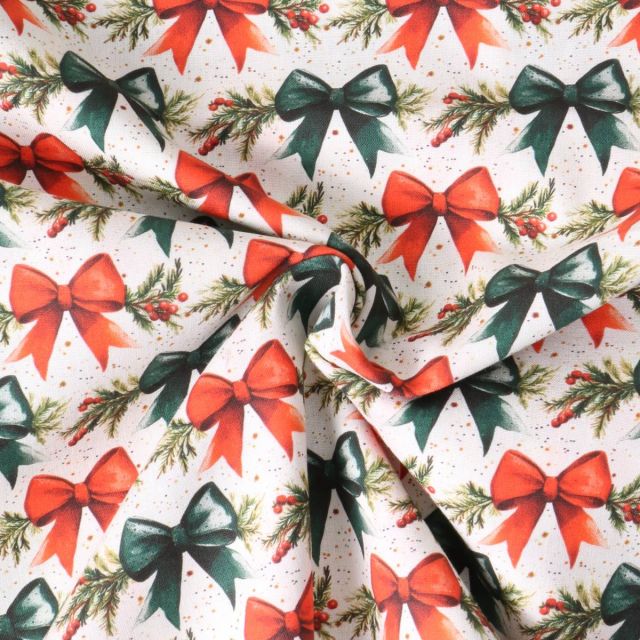 Tissu Coton imprimé Norélia grands nœuds décoratifs sur fond Blanc cassé