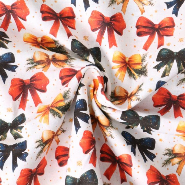 Tissu Coton imprimé Velmira nœuds décoratifs de Noël sur fond Blanc