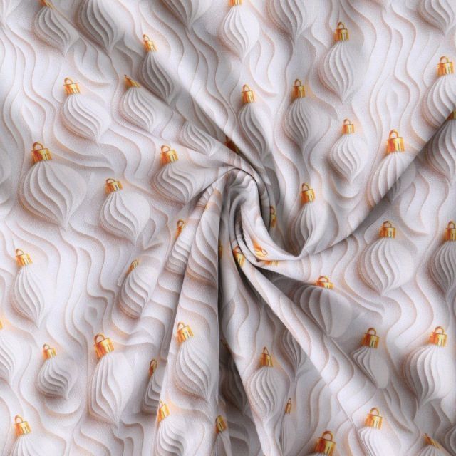 Tissu Coton imprimé Noélie boules avec petites attaches dorées sur fond Blanc