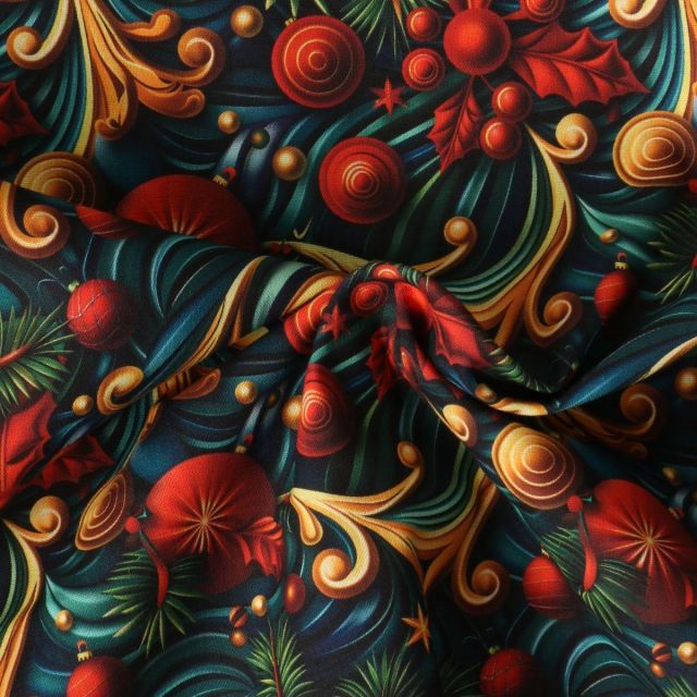 Tissu Coton imprimé Saphira boules de Noël Rouges sur fond Bleu nuit