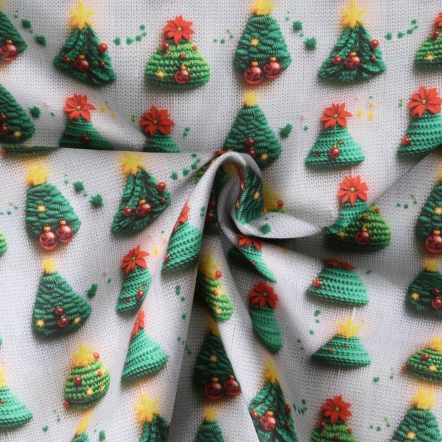 Tissu Coton imprimé  Maïwen sapins Verts sur fond Blanc