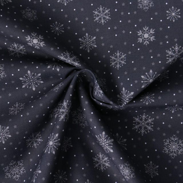 Tissu Coton imprimé Elia flocons argentés sur fond Bleu marine