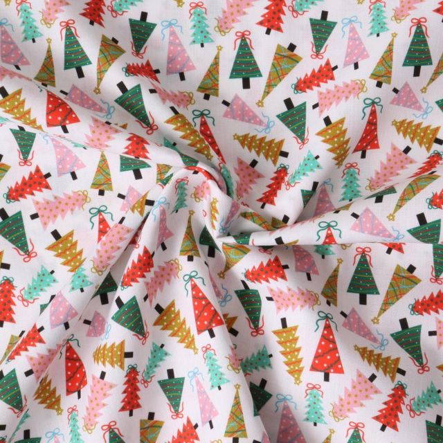 Tissu Coton imprimé  Télya sapins Multicolores sur fond Blanc