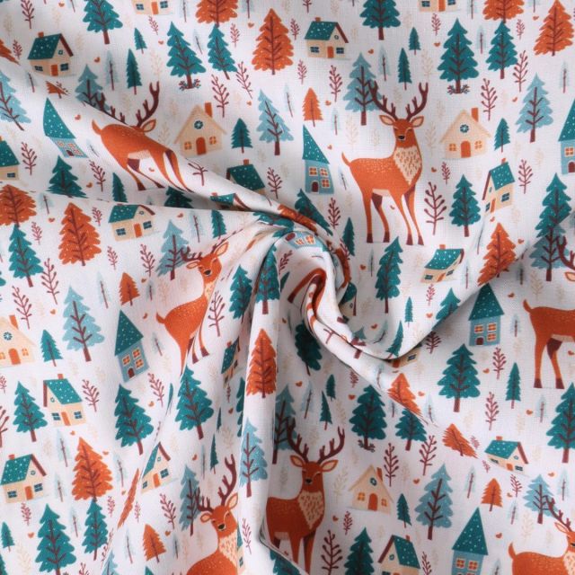 Tissu Coton imprimé Elarön forêt enchantée sur fond Blanc cassé