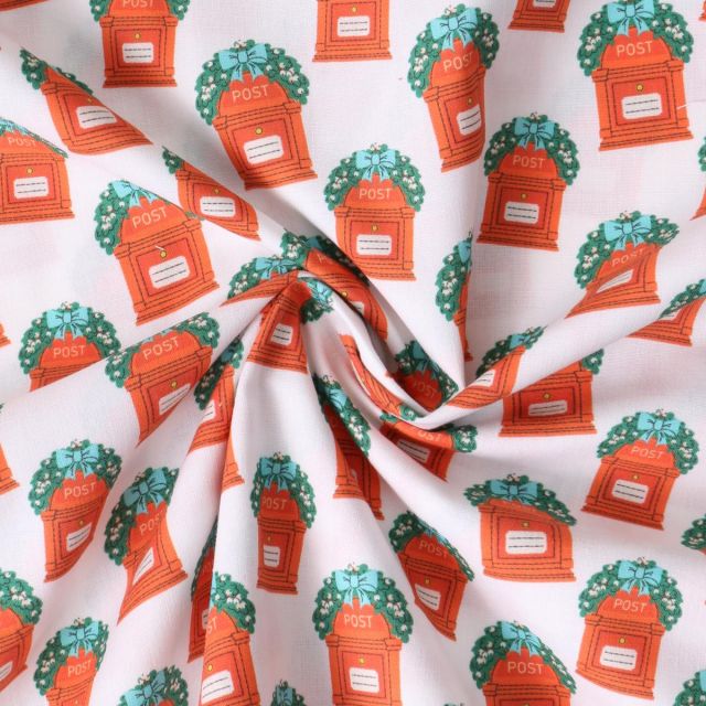 Tissu Coton imprimé Mirelda boîtes postales de Noël sur fond Blanc