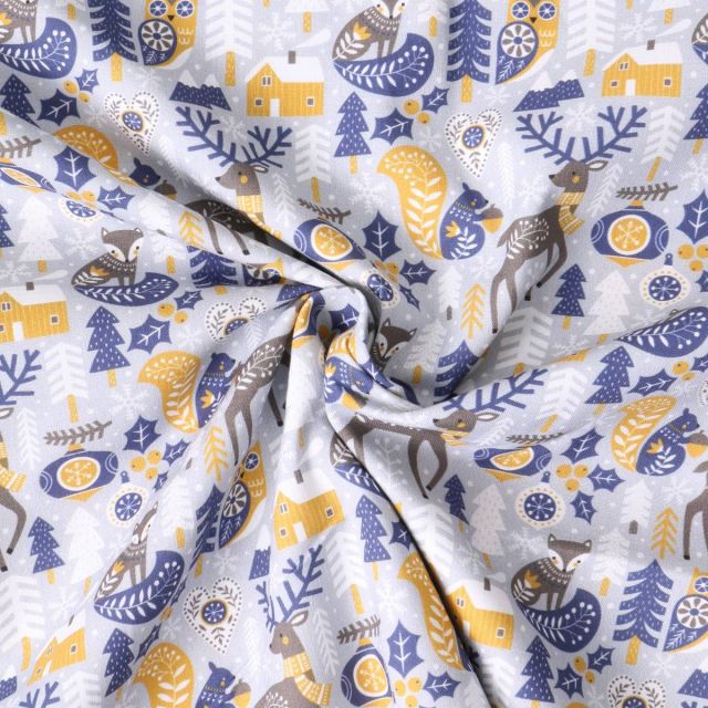 Tissu Coton imprimé Elvëa style scandinave sur fond Gris clair