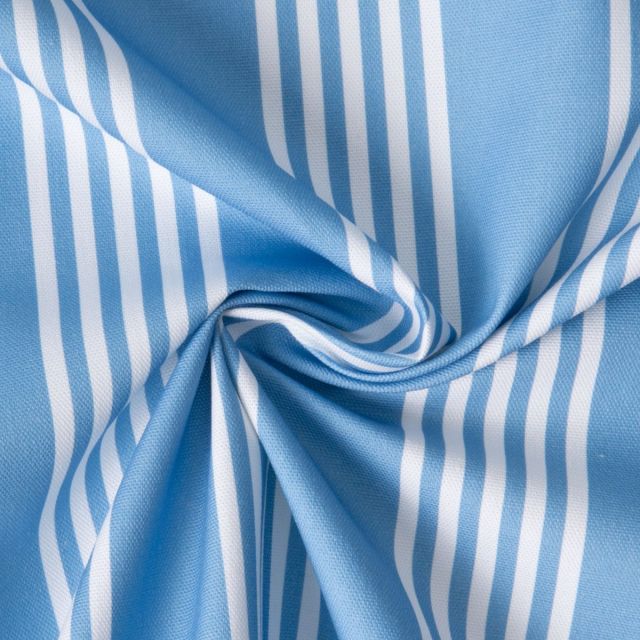 Tissu Toile de Coton d'ameublement Rayé blanc sur fond Bleu ciel