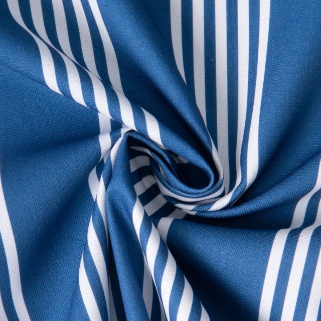 Tissu Toile de Coton d'ameublement Rayé blanc sur fond Bleu roi