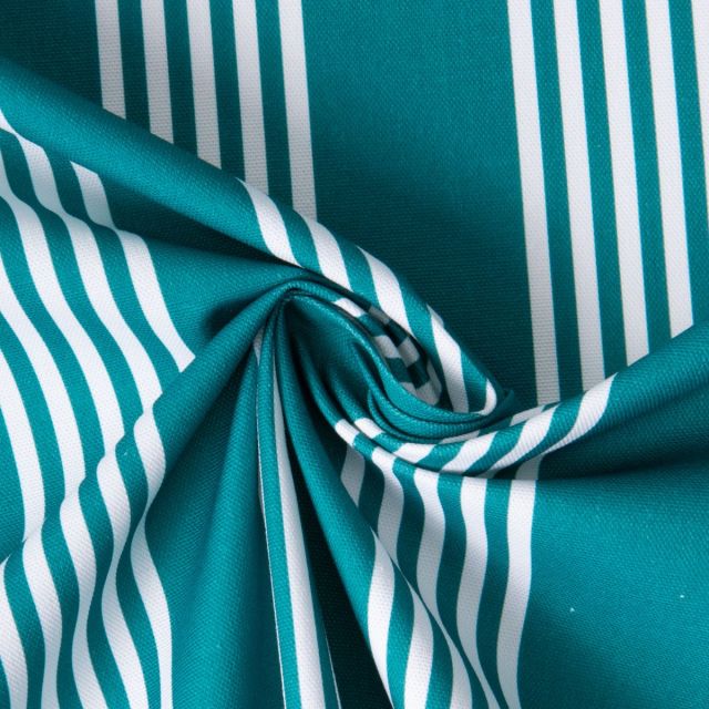 Tissu Toile de Coton d'ameublement Rayé blanc sur fond Vert canard