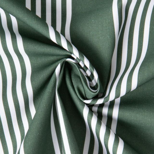Tissu Toile de Coton d'ameublement Rayé blanc sur fond Vert sapin